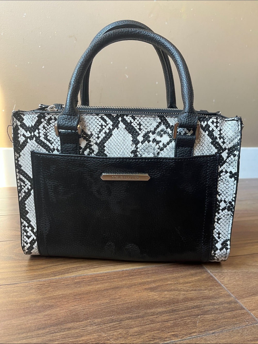 Steve Madden Black and White Snake-Print Satchel Bag Formal